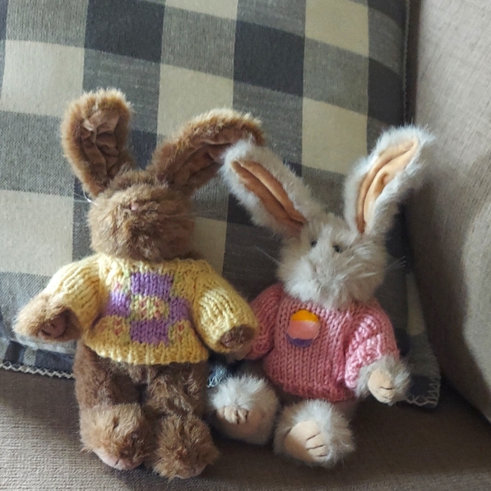 Chrisha Playful Plush Bunny Pair with Crochet Sweaters